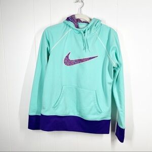 Nike Therma Fit Long Sleeve Turquoise Purple Print Swoop Hoodie Size Medium
